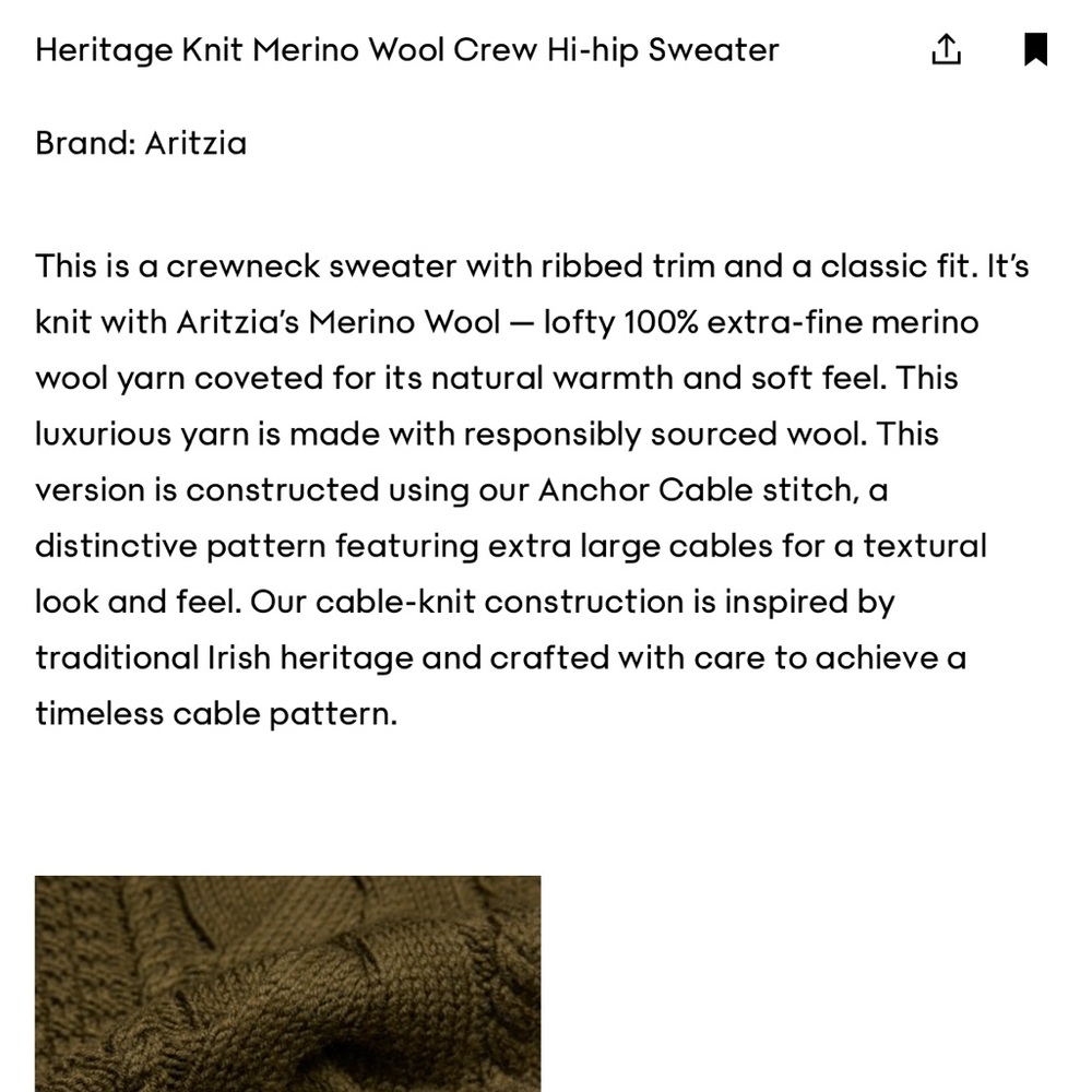Aritzia heritage knit merino wool crew hi-hip sweater - Picture 2 of 3